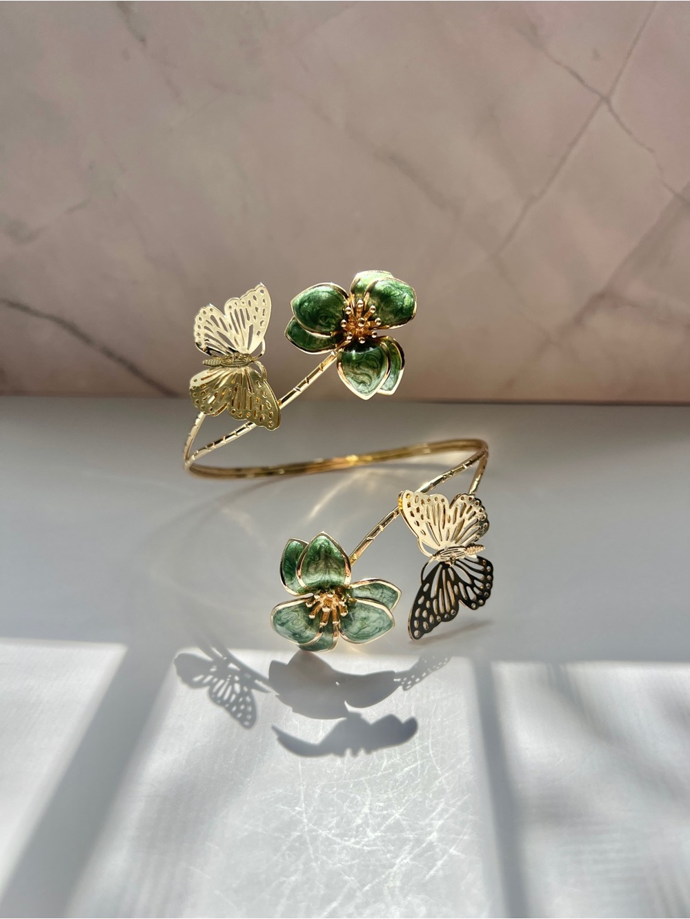 Gold Green Floral Arm Cuff - Women's Jewelry
